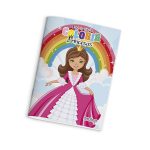 Livros de colorir e atividades Pauta Branca com 8 páginas, temas de princesas, sereias, carros, dinossauros e máscaras para recortar.