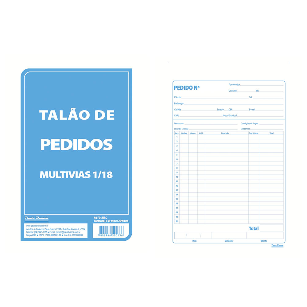 Blocos e talões Pauta Branca com modelos de pedido, recibo, vale, nota promissória e nota neutra, ideais para controle comercial e organização diária.