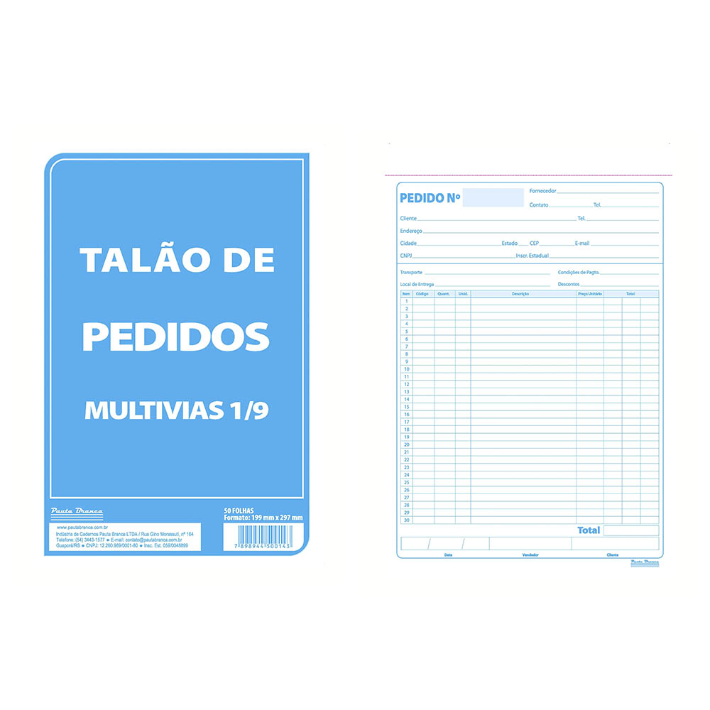 Blocos e talões Pauta Branca com modelos de pedido, recibo, vale, nota promissória e nota neutra, ideais para controle comercial e organização diária.