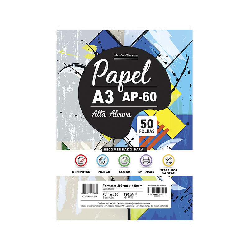 Papel A3 AP-60 Alta Alvura Pauta Branca 180g com 50 folhas, ideal para desenho, pintura e impressão de alta qualidade.