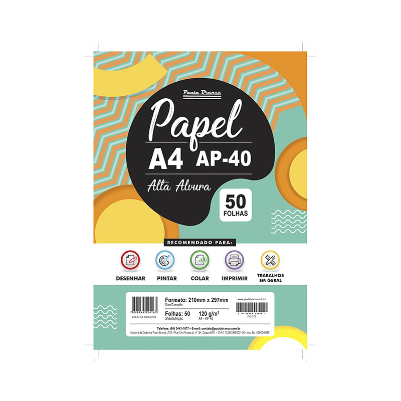 Papel A4 AP-40 Alta Alvura Pauta Branca 120g com 50 folhas, ideal para desenho, pintura e impressão de alta qualidade.