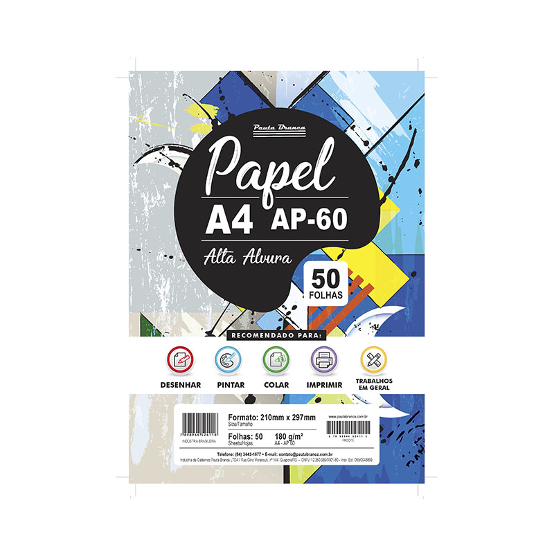Papel A4 AP-60 Alta Alvura Pauta Branca 180g com 50 folhas, ideal para desenho, pintura e impressão de alta qualidade.